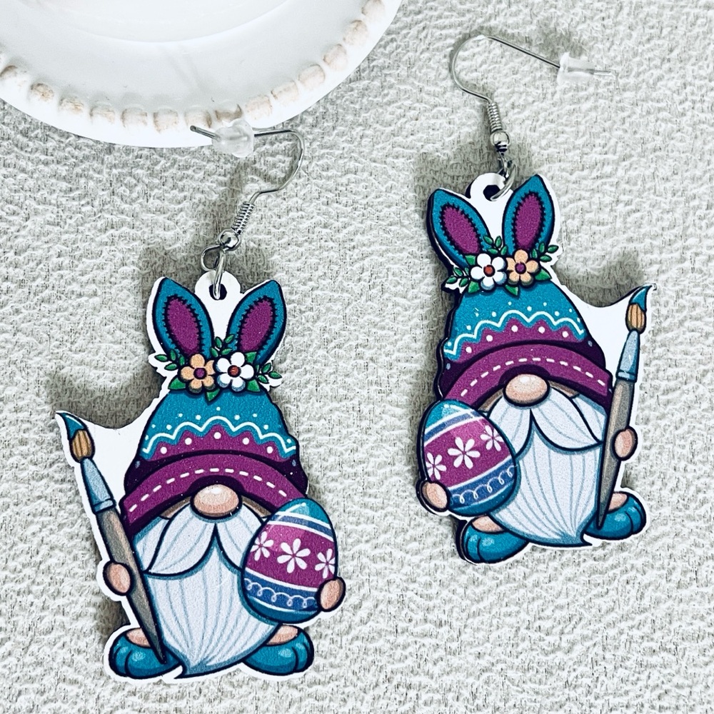Bunny Gnome with paintbrush wooden earrings